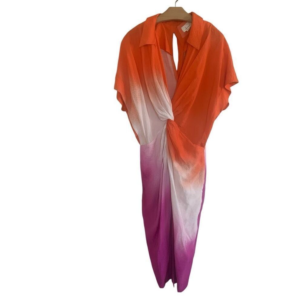 Anthropologie Orange Pink Ombre Short Sleeve Twist-Front Midi Shirt Dress Medium